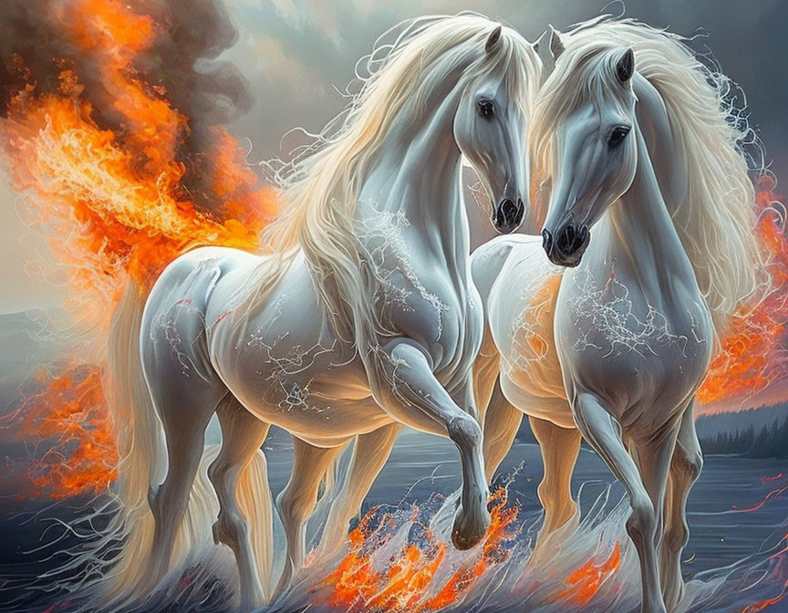 Ethereal white horses with glowing manes in front of lava and smoke