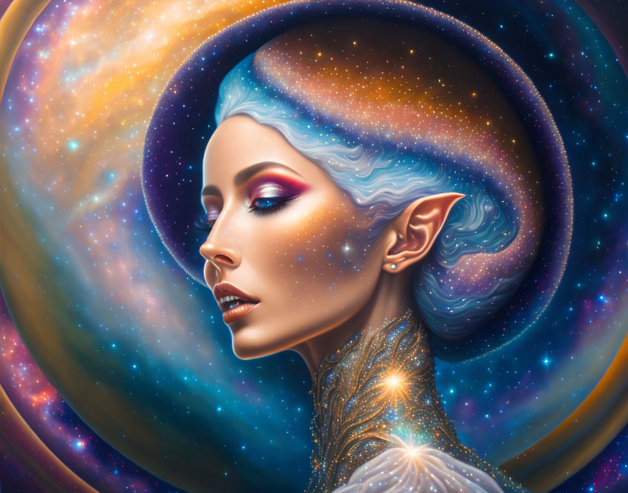 Surreal portrait: elfin woman with stardust hair in cosmic background
