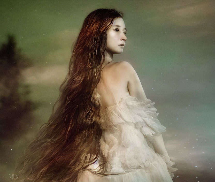 Woman with Long Hair in Starlit Setting Wearing Ruffled Dress