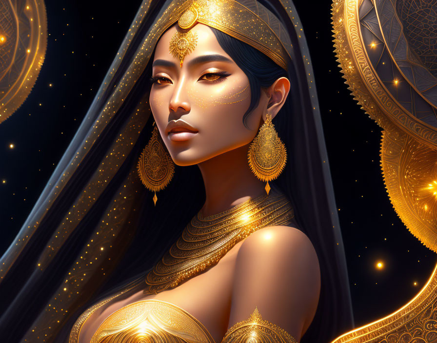 Golden jewelry adorned woman in intricate attire against dark starry backdrop