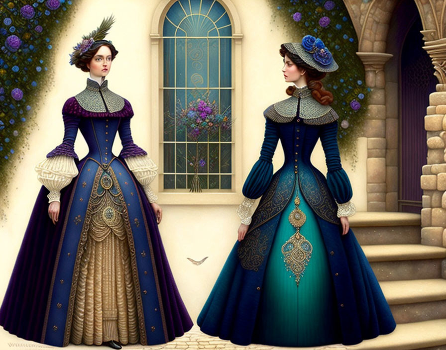 Victorian-era women in elegant gowns near stone building