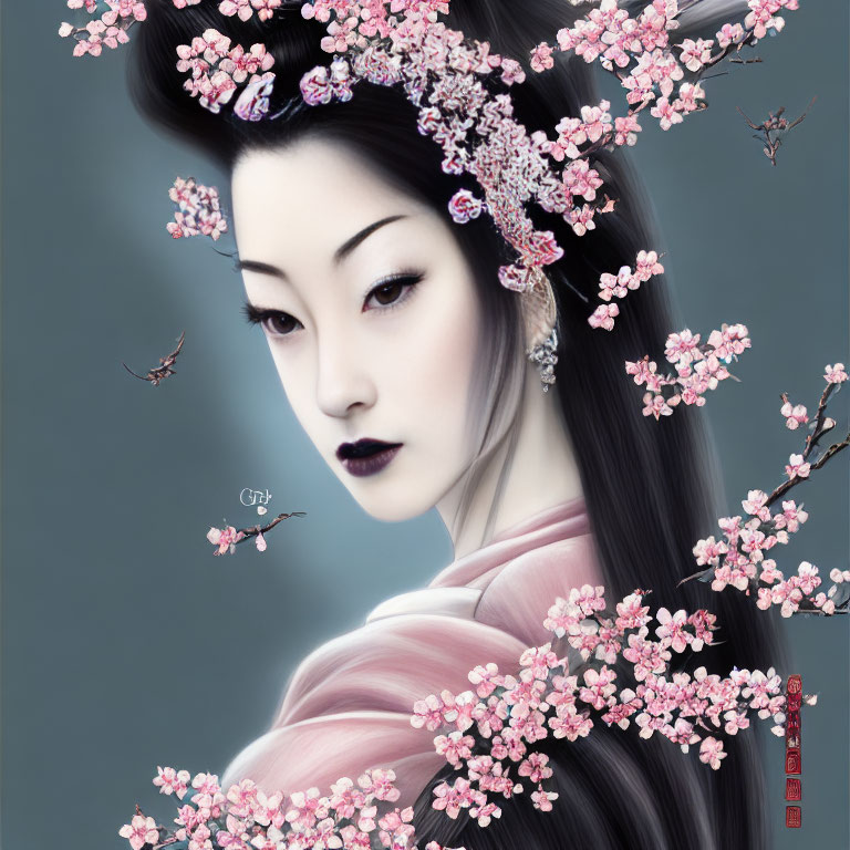 Traditional East Asian woman adorned with pink cherry blossoms