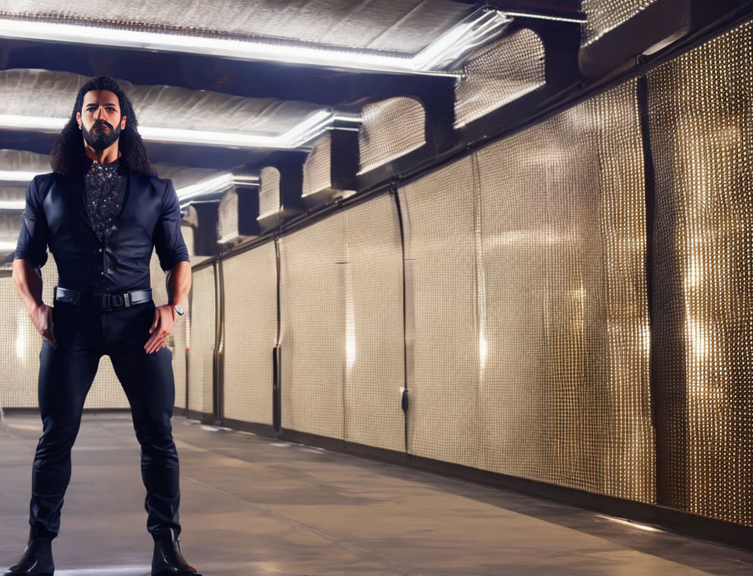Bearded man in black outfit poses confidently in illuminated tunnel