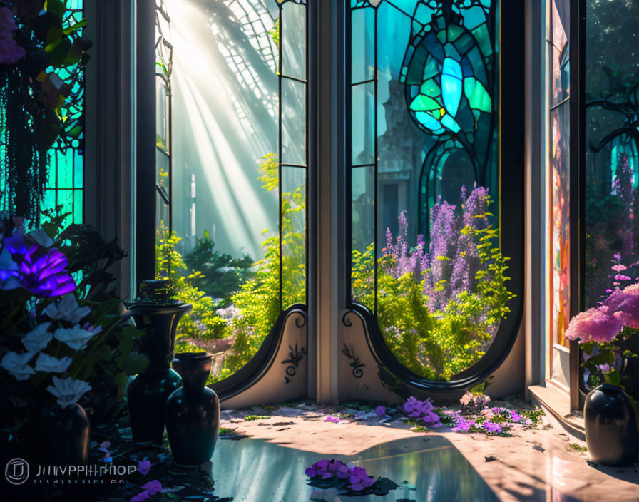 Sunlit stained-glass windows illuminate indoor flowers