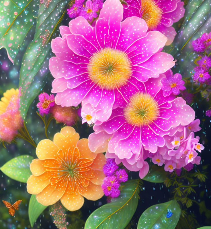 Colorful digital artwork of pink and orange flowers with raindrops and a butterfly on a green background