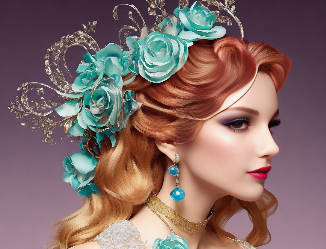 Elaborate Floral Headpiece Red Hair Blue Earrings Purple Background