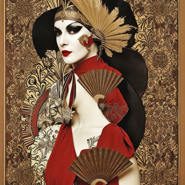 Elaborate Costume with Venetian Mask and Fan on Gold Background