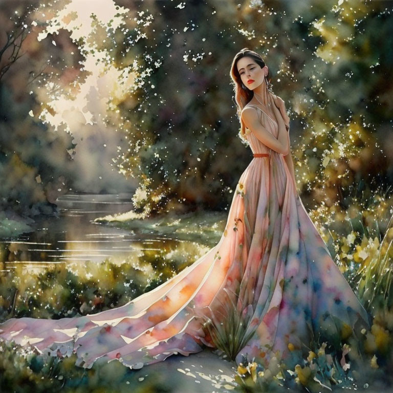 Woman in floral gown in serene garden with blossoming trees and stream