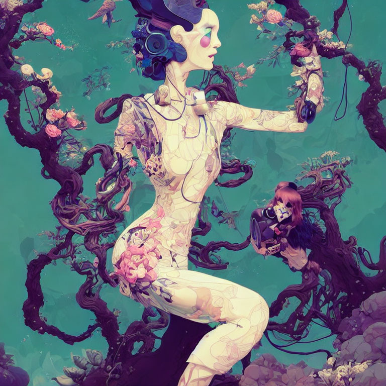Surreal female figure with floral tattoos in bloom-covered branches