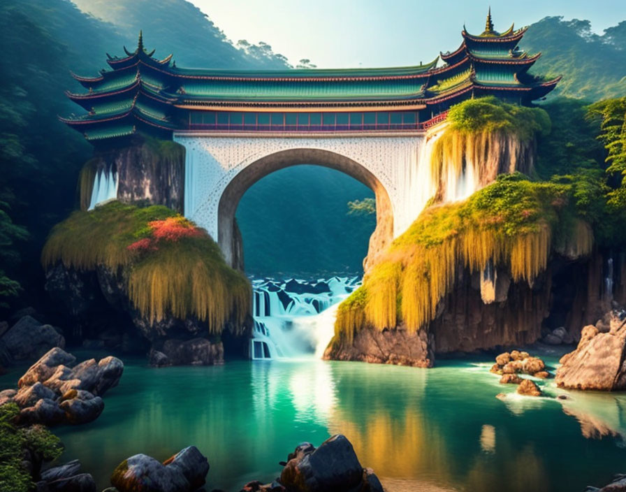 Asian Bridge Over a Waterfall