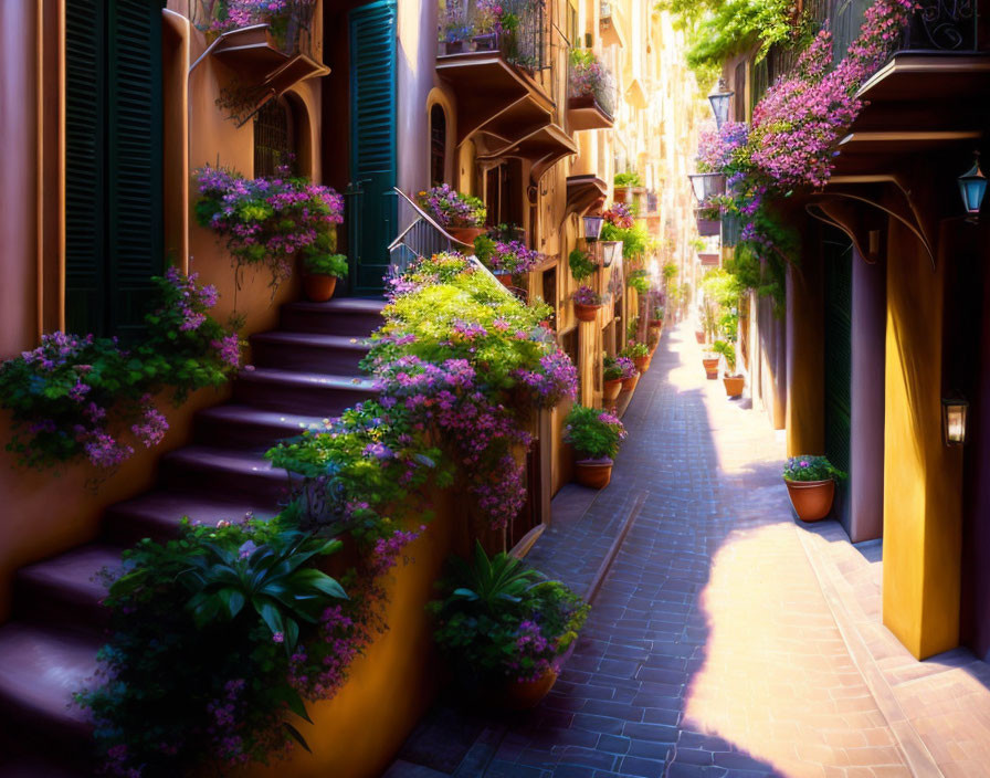 Charming alley with vibrant flowers and green shutters