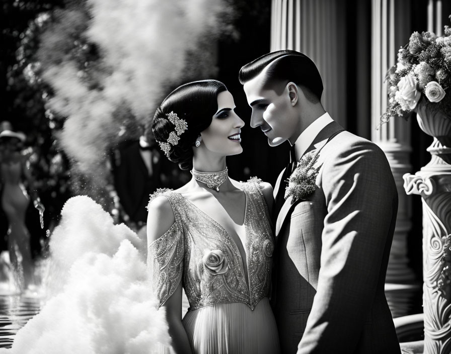 Monochrome photo of elegant couple in wedding attire sharing intimate gaze
