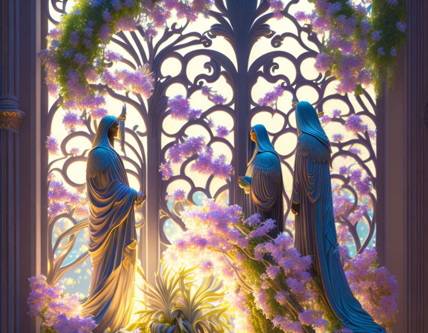 Ornate peacock statues with purple flowers and Gothic window in warm sunlight