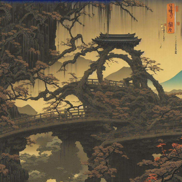 Detailed Asian Landscape Painting: Arch Bridge, Waterfall, Trees, Mountain