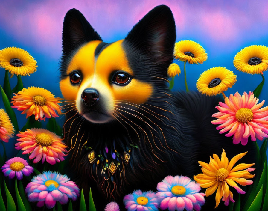 Colorful Flower Surrounding Black and Tan Dog Painting
