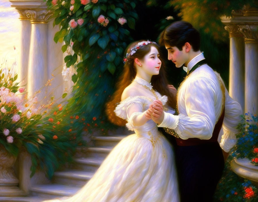 Romantic painting of couple in formal attire on garden staircase