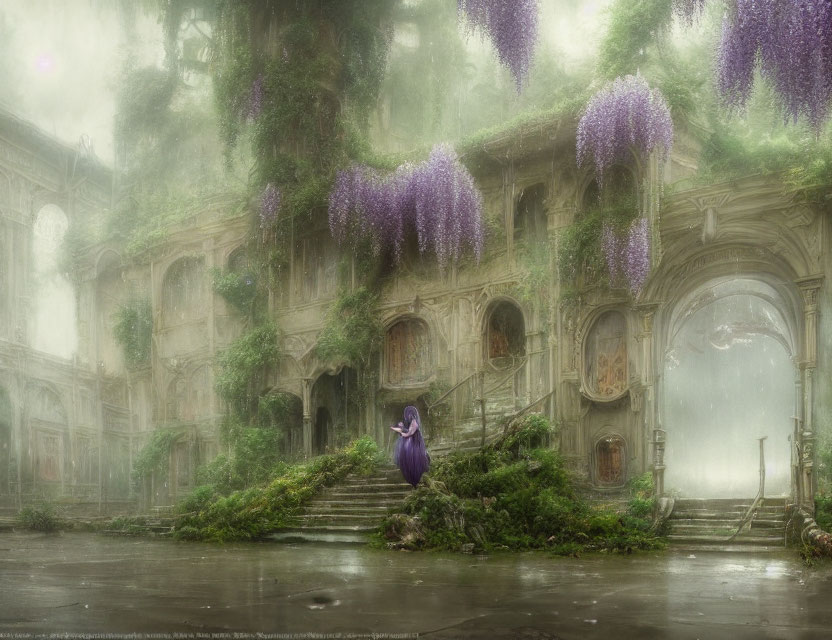 Mysterious woman in purple cloak at overgrown mansion with wisteria