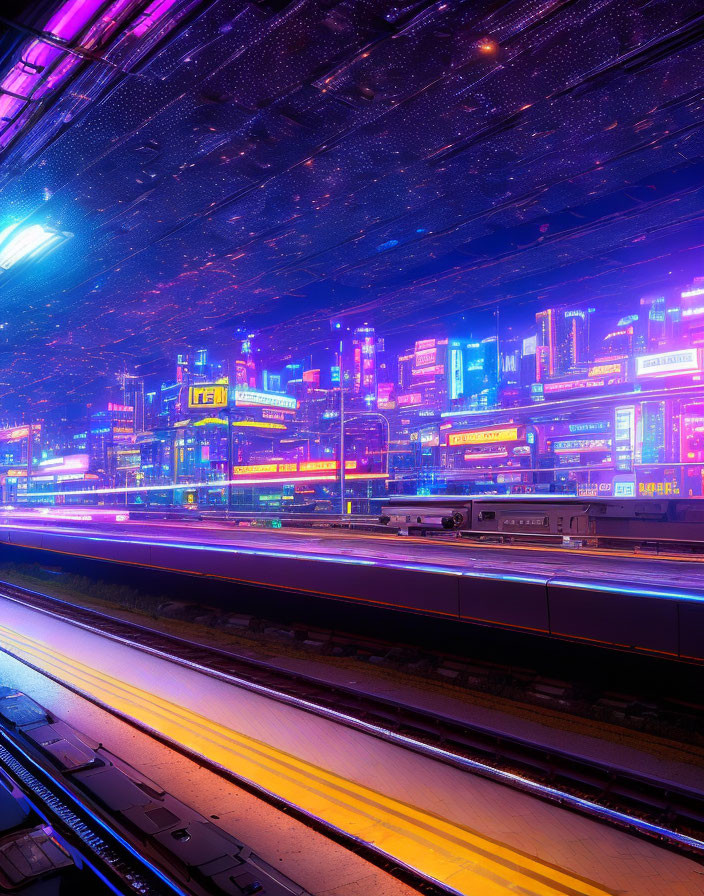 Futuristic cyberpunk cityscape with neon lights and high-speed train at night