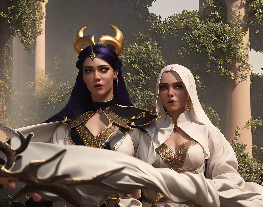 Two women in fantasy attire with crown and hood in lush forest.