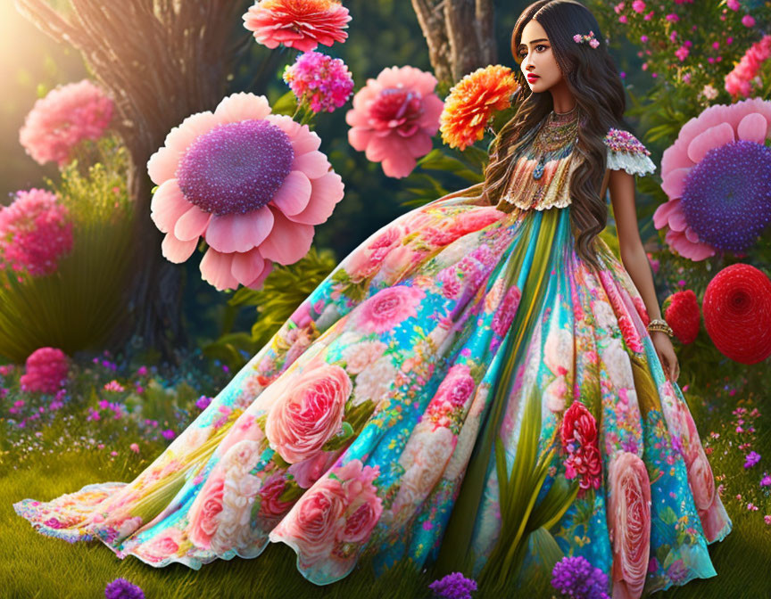 Woman in vibrant floral gown surrounded by colorful flowers in lush garden