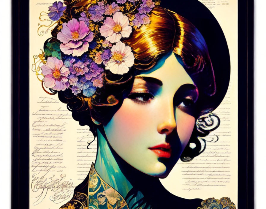 Ornate floral headdress portrait in Art Nouveau style