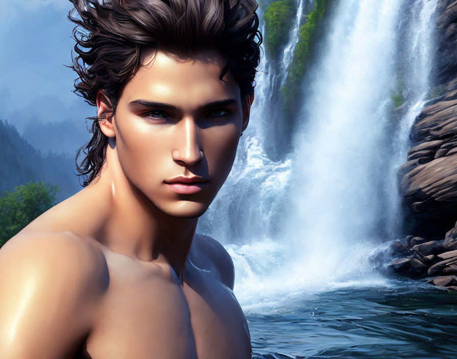 Digital Artwork: Young Man with Blue Eyes by Waterfall