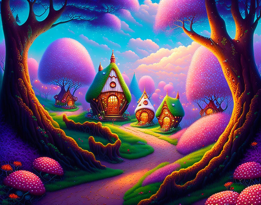 Fantastical landscape with colorful mushroom-shaped houses under starry sky