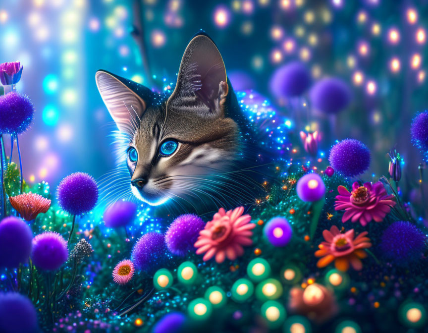 Enlarged-Eared Cat in Vibrant Fantasy Garden