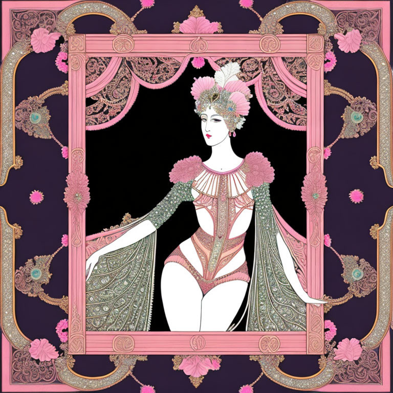 Art Nouveau Woman Illustration in Ornate Costume with Feathers on Purple Background