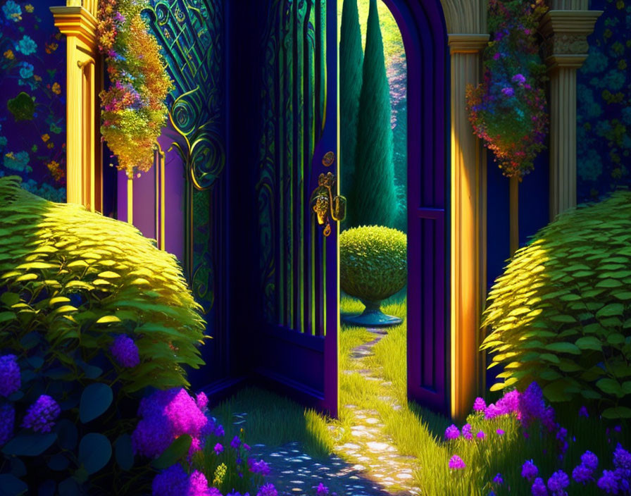 Enchanting garden pathway with ornate doors, lush greenery, and mystical glow
