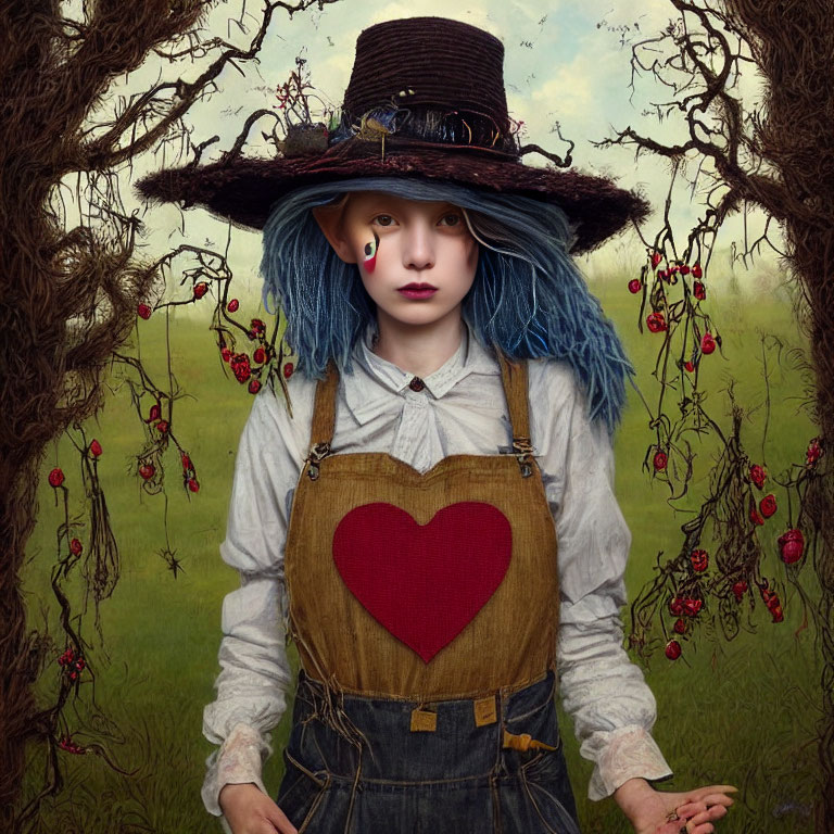 Child in whimsical outfit with heart emblem and large hat against stylized background with red berries.