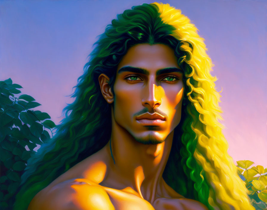 Illustrated portrait of a man with green eyes and long blond curly hair, set against a purple background