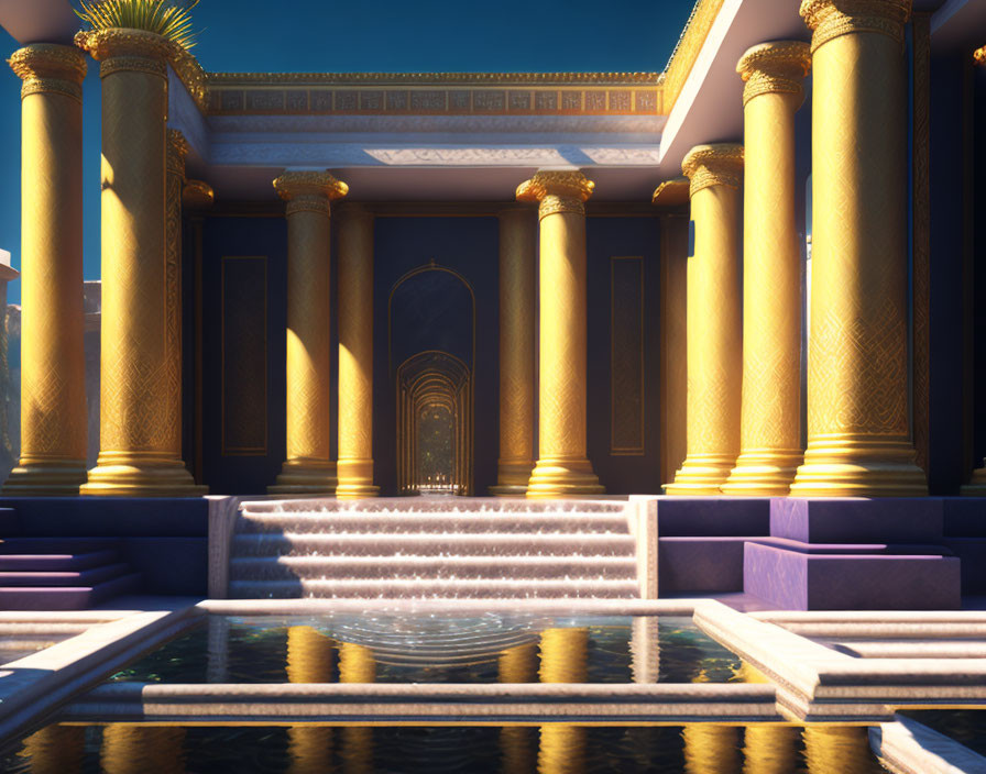 Luxurious Golden Hall with Columns, Water Steps, and Reflective Pool