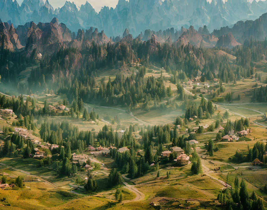 Scenic mountain village with winding roads, lush greenery, and rugged peaks