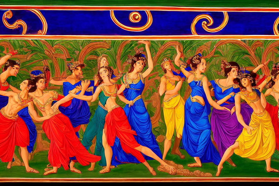Colorful mural of Indian women and men dancing in traditional attire amid lush greenery