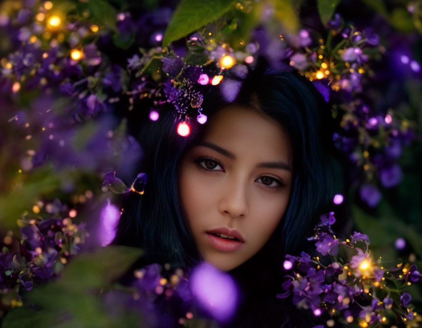 Woman with Blue Hair Among Purple Flowers and Fairy Lights