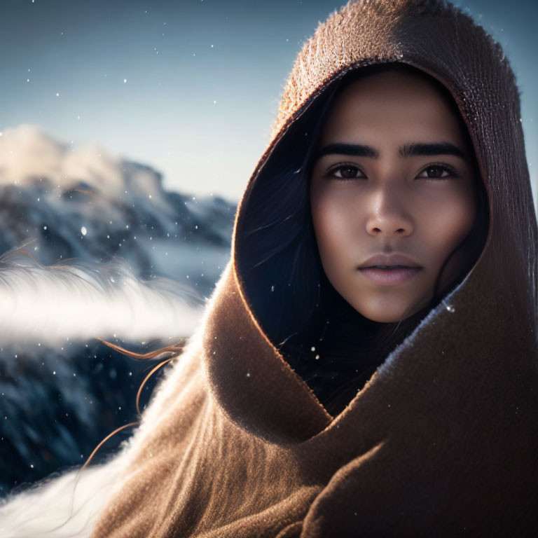Hooded figure in snow with mountains and snowflakes