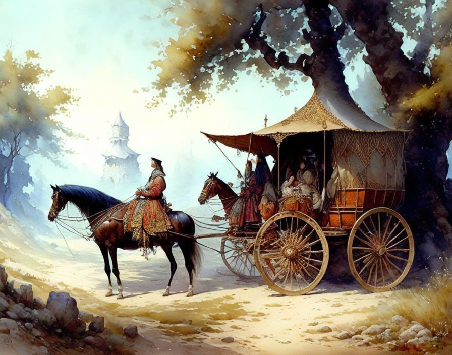 Traditional Horse-Drawn Carriage with Canopy, Passengers, and Rider in Asian Pagoda