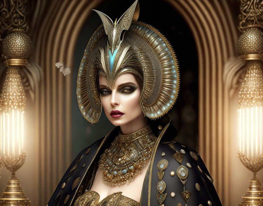 Regal woman with dramatic makeup and gold wing-like headdress in ornate setting