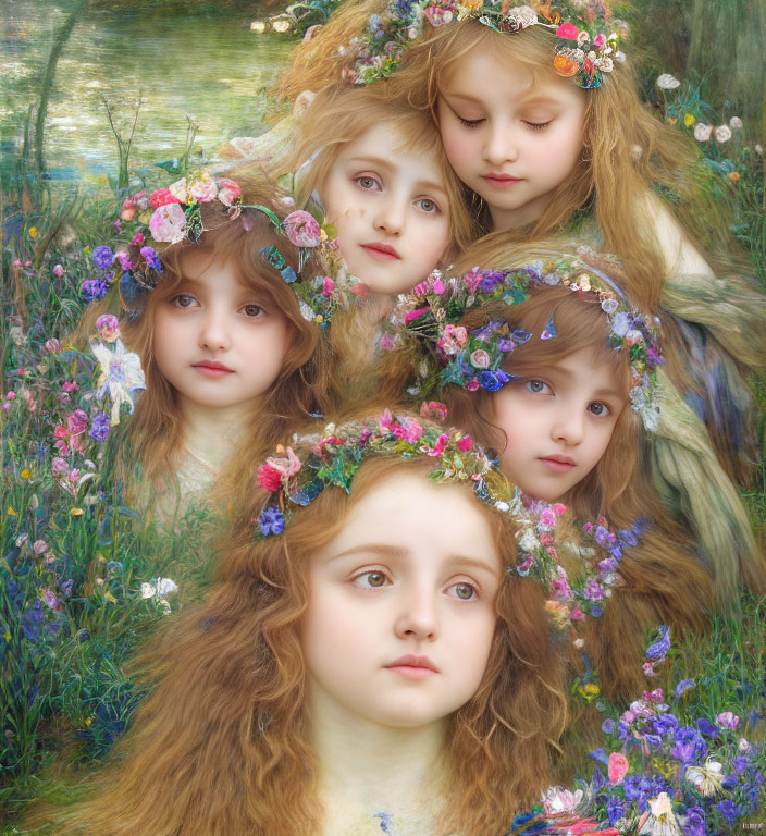 Four young girls with floral crowns in dreamy portrait surrounded by lush landscape