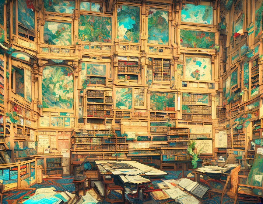 Large library with high bookshelves, maps, sunlight, and scattered papers.