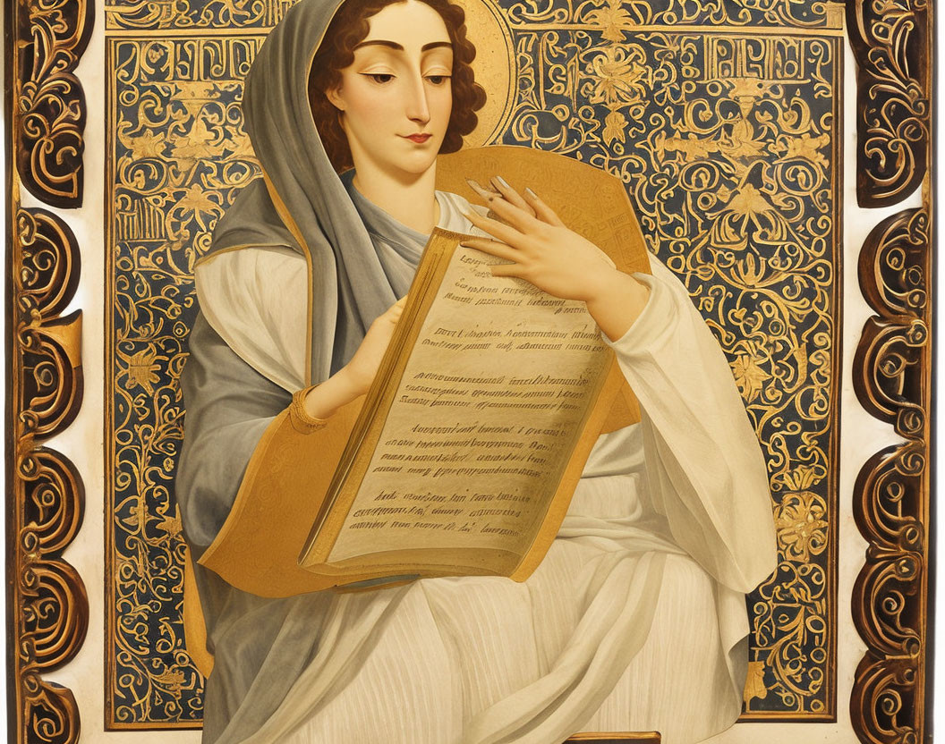 Serene woman in blue shawl holding book with golden patterns