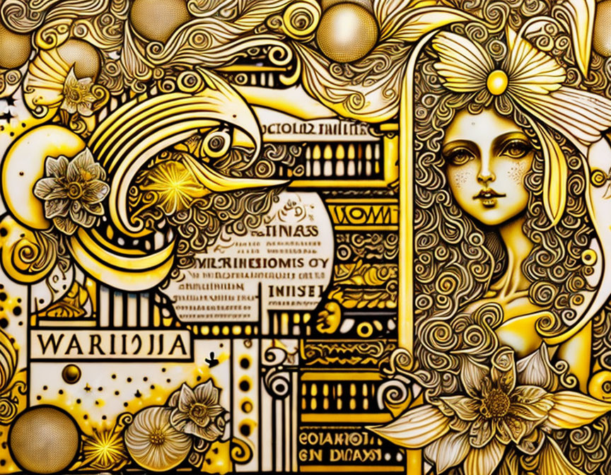 Symmetrical golden illustration of woman's face with floral patterns and abstract designs