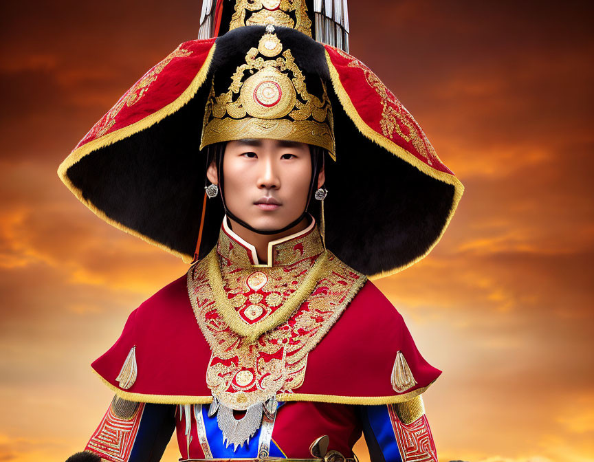 Traditional Korean royal attire with black and red hat at fiery sunset.