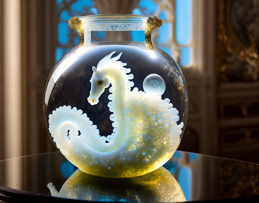 Translucent luminescent seahorse sculpture in glass sphere with golden accents