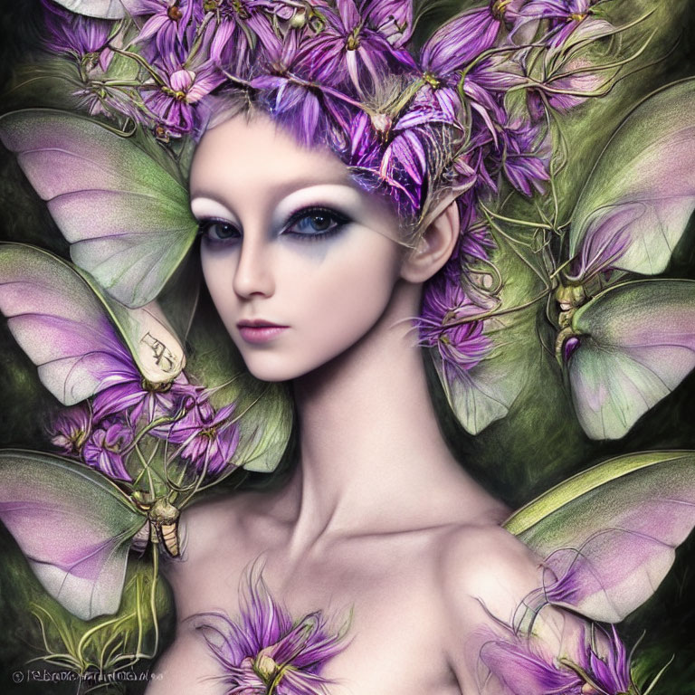 Fantasy portrait: Person with violet eyes, purple flower crown, surrounded by butterfly wings
