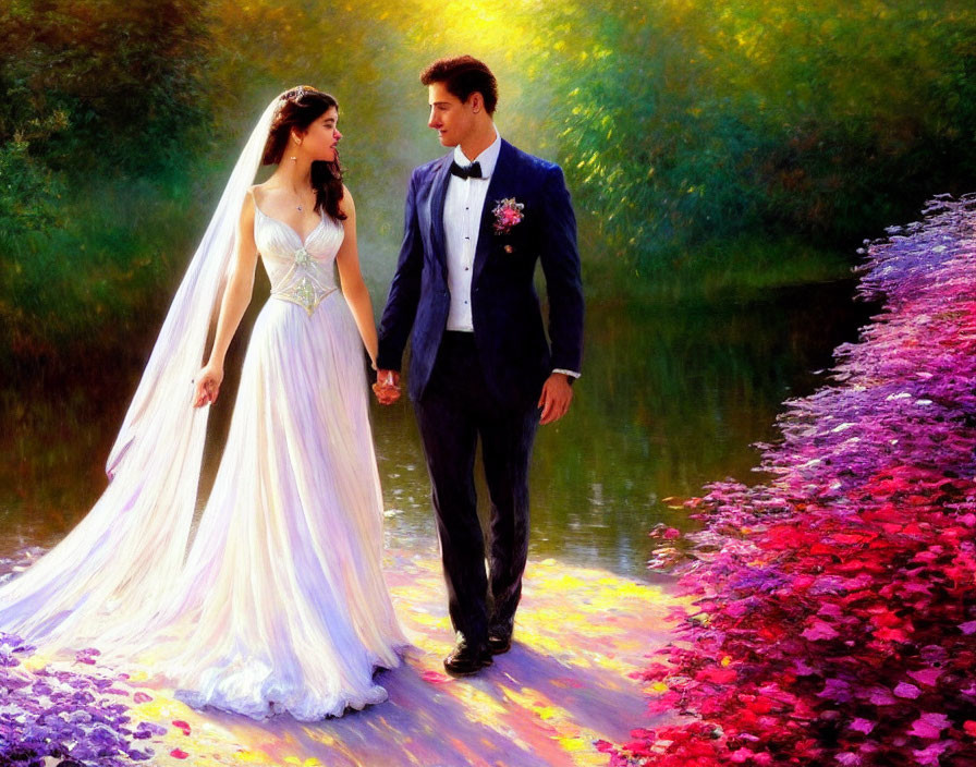 Bride and Groom Walking on Flower-Lined Path