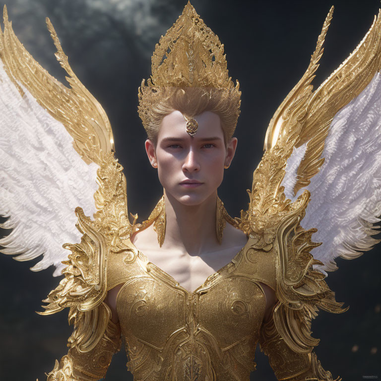Regal figure in golden armor with wings and crown on dark background