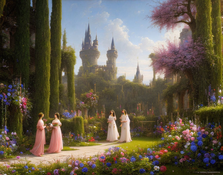 Vintage dresses painting: Women in lush garden with castle, blooming flowers