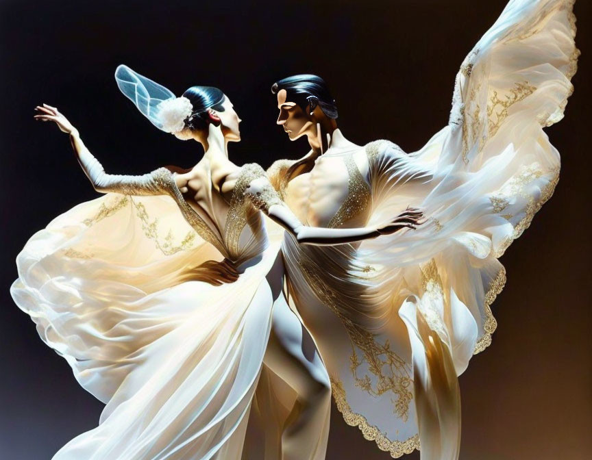 Elegant ballet dancers in white costumes on dark backdrop